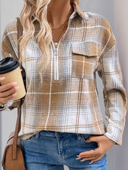 Perfee Plaid Collared Neck Half Zip Long Sleeve Sweater Top