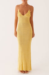 Plunge Neck 3D Flower Crochet Backless Slip Maxi Dresses - Yellow