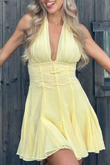 Lace Patchwork Cinch Waist Deep V Neck Halter Ruffled Mini Dresses - Yellow