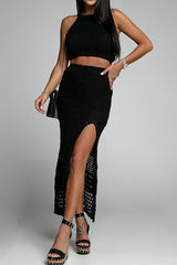 White Crochet Sleeveless Crop Top Hollow Out High Slit Midi Skirt Matching Set