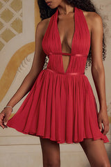 Deep V Neck Open Back Halter Shirred Mini Dresses - Red