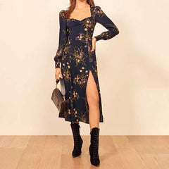 Square Neck Long Sleeve Split Print Dress