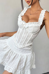 Ruffled Trim Irregular Neckline Floral Pattern Cami Corset - White