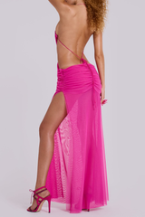 Halter Neck Ruched Cutout Backless Side Slit Maxi Dresses - Fuchsia