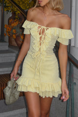 Tie Up Ruffled Off Shoulder Slim Fit Knit Mini Dresses - Yellow Pre Order