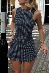 Polka Dot Print Cinch Waist Mini Tank Dresses - Navy
