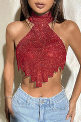 Sparkling Rhinestone High Collar Sleeveless Irregular Crop Top - Silver