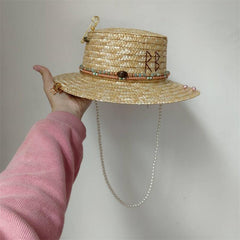Beige Straw Punk Embellished Flat Top Hat