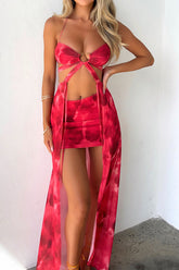 Pattern Print Sash Cut Out Halter Crop Top Vacation Mini Skirt Matching Set