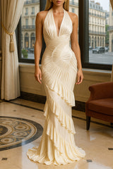 Pleated Bodycon Ruffled Fishtail Gowns Halter Maxi Dresses - Beige Pre Order