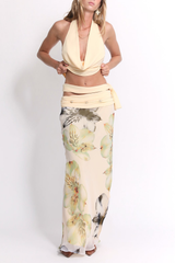 Cowl Neck Crop Top Floral Print Slit Maxi Skirt 2pcs Set - Yellow