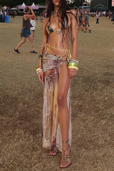 Cutout High Slit Semi Sheer Maxi Skirt Tie Up Halter Bikini 3pcs Set - Brown