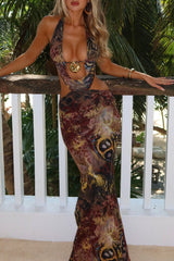 Mixed Print Cutout Slim Fit Halter Maxi Dresses - Brown