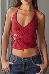 Deep V Neck Halter Metal Decor Wrapped Ruched Slim Fit Crop Top - Burgundy