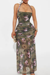 Floral Print Ruched Semi - Fitted See Through Hem Halter Maxi Dresses - Green