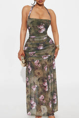 Floral Print Ruched Semi - Fitted See Through Hem Halter Maxi Dresses - Green