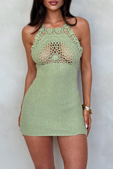 Knit Hollow Out Bodycon Backless Halter Mini Dresses - Green