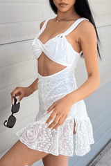 Irregular Neck Back Lace Up Sleeveless Mesh embroidery Jacquard Ruffle Hem Mini Dresses