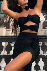 3D Flower Decor Cutout Strapless High Slit Midi Dresses - Black