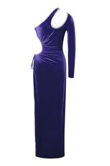 One Shoulder Rhinestone Tied Up Maxi Velvet Prom Dresses