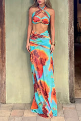 Abstract Print Halter Crop Top Side Slit Maxi Skirt 2pcs Set - Blue