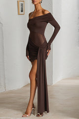 Off Shoulder Long Sleeve Sheer Waist Ruched Fitted Sash Mini Dresses - Brown