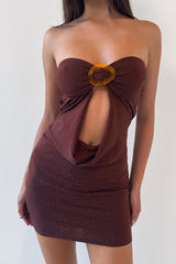 Strapless Cutout Draped Design Shimmering Mini Dresses - Brown Pre Order