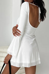 Solid Color Flare Sleeve Open Back Cinch Waist Mini Dresses - White