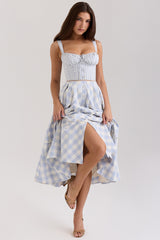 Plaid Print Buttons Decor Back Lace Up Slip Midi Dresses - Blue