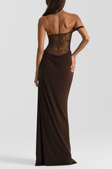 Lace Patchwork One Shoulder Slim Fit Ruched Maxi Dresses - Brown