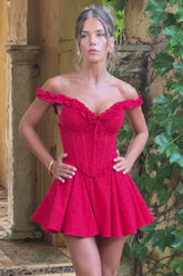 Frilled Trim Off Shoulder Corset Pleated A - Line Mini Dresses - Red
