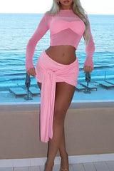 Mesh Long Sleeve Crop Top Crop Cami Ruched Tie Up Sash Mini Skirt 3pcs Set - Pink
