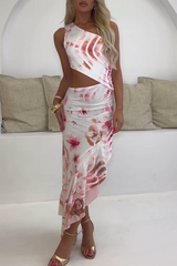 Floral Print Skew Neck Cutout Ruffled Irregular Maxi Dresses - White