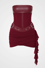 Strapless Buckle Corset Ruched Mini Skirt 2Pcs Matching Set - Burgundy