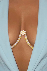 Floral Pearls Decor Rhinestone Body Chain - Gold
