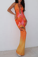 Plunge Neck Cutout Floral Print Fitted Halter Maxi Dresses - Orange