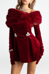 Off Shoulder Fuzzy Wrapped Rhinestone Pleated Party Velvet Mini Dresses - Red