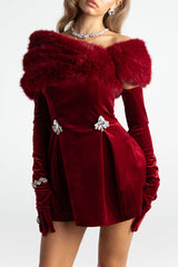Off Shoulder Fuzzy Wrapped Rhinestone Pleated Party Velvet Mini Dresses - Red