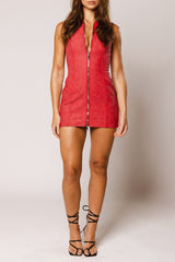 Front Zipper Sleeveless Bodycon Faux Leather Mini Dresses - Red