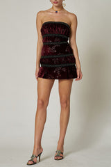 Floral Pattern Boat Neck Slim Fit Velvet Mini Tube Dresses - Burgundy