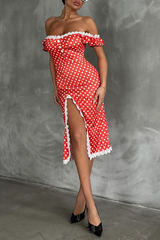 Lace Trim Dropped Shoulder Polka Dot Print Slit Midi Dresses - Red