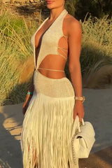 Knit Patchwork Halter Cutout Fringed Hem Maxi Dresses - Beige