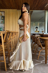 Halter Cutout Crochet Fringed Trim Backless Maxi Dresses - Beige