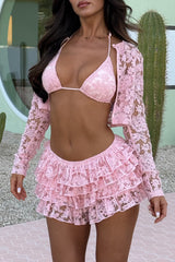 Floral Lace Crop Cardigan Halter Bra Ruffled Mini Skirt 3pcs Set - Pink
