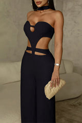 Sleeveless Halter Neck Cutout Wide Leg Irregular Jumpsuit - Ivory