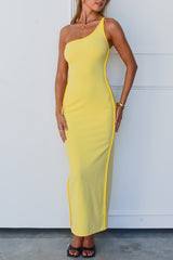 One Shoulder Backless Lace Up Slim Fit Maxi Dresses - Yellow