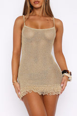 Crochet Slim Fit Fringed Hemline Slip Mini Dresses - Khaki
