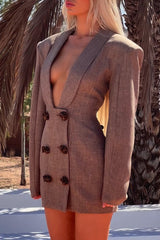Deep Plunge Neckline Metal Floral Button Blazer Mini Dresses - Brown