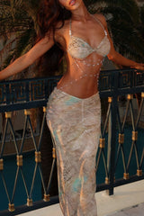 Pattern Print Pearls Chain Decor Crop Top Maxi Skirt 2pcs Set - Beige