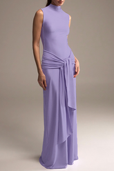 Stand Collar Sleeveless Open Back Tie Up Sash Plain Maxi Dresses - OffWhite